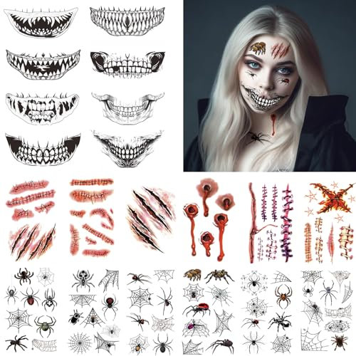 Halloween Tattoo Gesicht, 20 Blatt Halloween Kostüm Kinder Erwachsene Fake Tattoos, Halloween Kostüm Damen Herren Schminke Accessoires, Zombie Vampir Horror Kunstblut Make Up Sticker Party Mitgebsel
