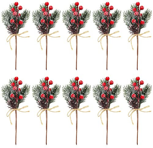 CYIOU 10 Pezzi Rami Pino Natale Agrifoglio Artificiali Finte Natale Bacche Usato Per Ghirlanda Fiori Fai Da Te Giardino Di Nozze Decorazioni Artigianali Dell'Albero Natalizie