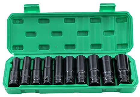 KATSU 1/2 Llaves de Vaso Impacto 10 Piezas,10mm-24mm Métrica Juego de Llaves de Vaso de Impacto Profundo, Herramienta de Mecánica Reparación Motores Camiones Tractores (Budget)