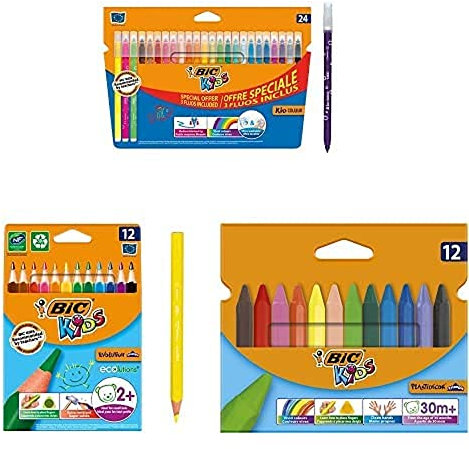 BIC Kids Stifte Set: 12 ECOlutions Evolution Buntstifte, 24 Kid Couleur Filzstifte und 12 Wachmalkreiden