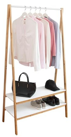 Portemanteau Finja, Penderie Décorative En Bambou avec 2 Étagères à Chaussures En Mdf Et Une Tringle à Vêtements En Métal, Design Scandi Minimaliste, 95 X 172 X 42 Cm, Marron/Blanc