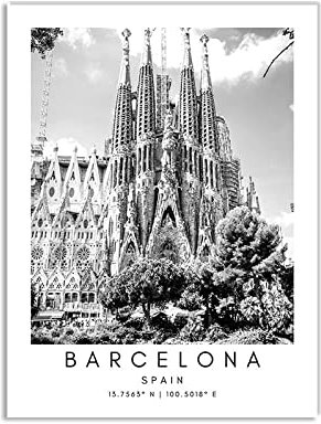 YMXCNM Leinwand Bilder,Barcelona City Prints Vintage Architektur Poster Wandmalerei Schwarz-Weiß-Malerei Kunstmalerei Rechteck Kunstwerk Für Wohnzimmer Schlafzimmer Wohnkultur,40X50Cm/15.74X19.68 In