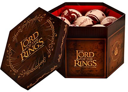 Elbenwald Herr der Ringe Weihnachtsbaumkugeln mit Mittelerde Motiven Krone und weißer Baum von Gondor, Elben Symbol, Rohan Logo und der eine Ring Schriftzug 14tlg rot Gold