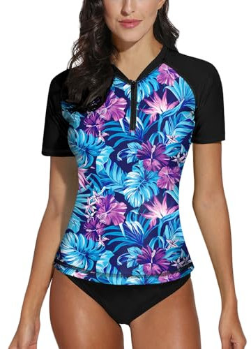 Women Summer Uv Sun Protection Short Sleeve Crew Neck Rashguard Swim Shirts Swim Top Zipper Rash Vest Purple & Blue M