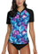 Women Summer Uv Sun Protection Short Sleeve Crew Neck Rashguard Swim Shirts Swim Top Zipper Rash Vest Purple & Blue M