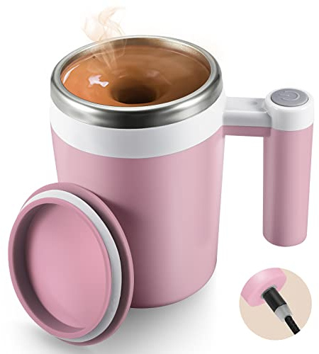 Self Stirring Coffee Mug,Rechargeable Automatic Magnetic Self Mixing Coffee Mug with 2 Stir Bar,13oz Auto Stainless Steel mixer Cup for Coffee Milk Cocoa for Office Travel Best Christmas Gifts(Pink)
