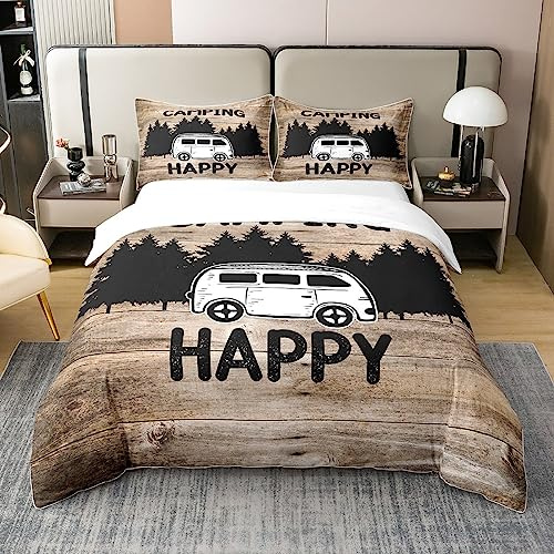 Kinder Wohnmobil Auto 100% Baumwolle Bettbezug 135x200,Glückliche Camping Tröster Abdeckung,Cartoon Reise Auto Bettwäsche Set,Rustikale Bauernhaus Rv Dekor Quilt Cover für Reise Anhänger Schlafzimmer