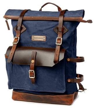 DRAKENSBERG Rolltop Rucksack 'Adam' aus gewachstem Canvas mit Leder, wasserabweisend - handwerkliche Perfektion, bis 30L - Ozean-Blau, DR00647