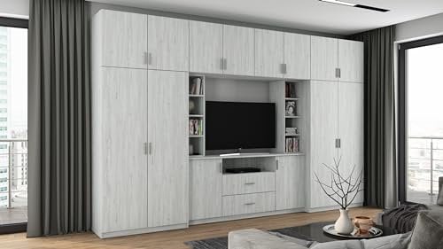e-Meblast Dako - 3-teilige Schrankwand - 380x240x54 cm - Wohnwand - TV-Schrank - Wohnzimmer Schrank Set - Wandregal, Oberschränke, Einlegeböden, Schubladen, Kleiderstange - PVC-Kante - Anderson Kiefer