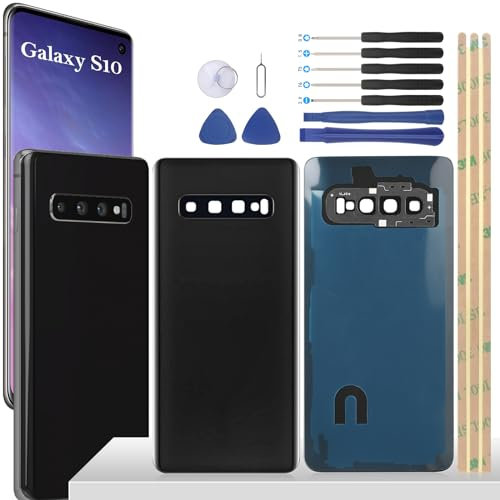 YHX-OU 6.1'' Akkudeckel für Samsung Galaxy S10 SM-G973F SM-G973U SM-G973W SM-G973U1 SM-G973N Rückseite Glas Backcover Back Glas Ersatz Reparatur Set mit Kameraobjektiv + Werkzeug(Schwarz)
