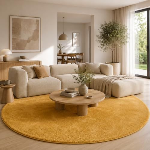 Pergamon Melia Curry Rund – Luxus Super Soft Hochflor Teppich, Flauschiger Shaggy Teppich, weich, rutschfest & pflegeleicht
