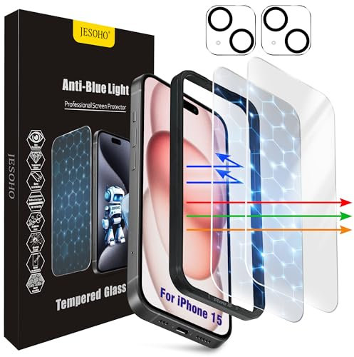 JESOHO Screen Protector for iPhone 15 [6.1 Inch],2 pcs Colorless Anti-Blue Light Tempered Glass Films,HD Clear, 9H Hardness, No Bubbles, Case Friendly with 2 pcs Camera Lens Protector