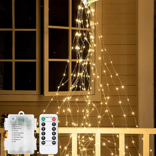 DINOWIN Cascata Luci Natale 2M 280 LED Fascio di Luce a Batteria Impermeabili Luci Albero a Cascata con Telecomando 8 Modalità Luci Albero di Natale per Giardino Festa Matrimonio (1 PCS)