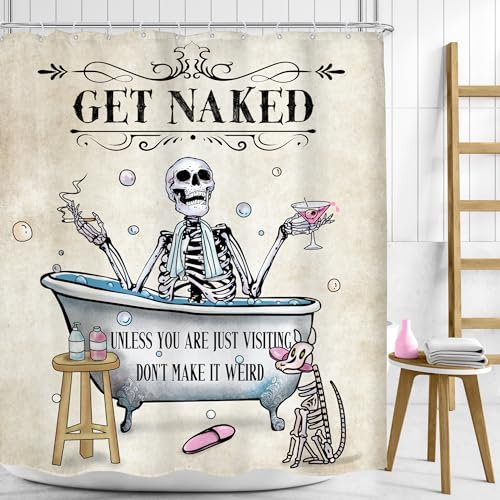 Mitpok Lustiger Totenkopf-Skelett-Duschvorhang, Gothic, gruselig, cooler Knochen in der Badewanne, Blasen, Hund, Spaß, Retro, Horror, gruselig, Halloween, 60 x 72 cm, Badezimmer-Dekoration,
