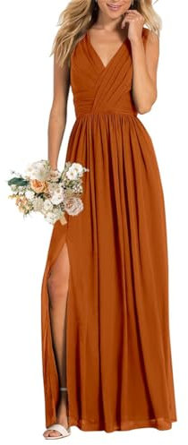 Damen V-Ausschnitt Brautjungfernkleider für Hochzeit Split A Linie Lange Formelle Kleider mit Taschen, burnt orange, 38