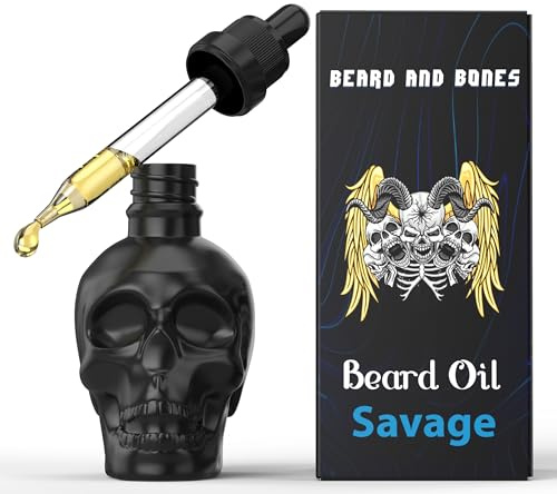 Beard and Bones - 60ml Bartöl für Männer | Nussfrei | Jojoba, Squalan & Sanddornöl | Schwarze Glas-Totenkopfflasche | 6 Düfte (Shadow)