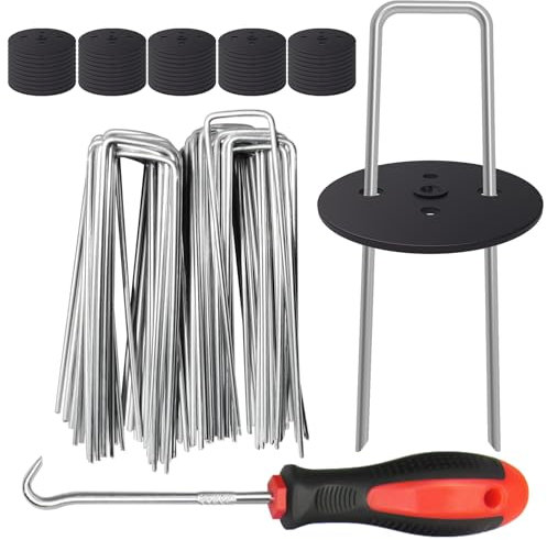 EUOKOK 50 Weed Control Membrane Pegs + 50 Buffer Washer, 6 Inch 11 Gauge Galvanized U-Shaped Metal Garden Landscape Staples Weed Mat Yard Ground Pins for Securing Weed Barrier Fabric,Artificial Turf