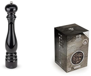 Peugeot - Paris u'Select Manual Pepper Mill - Adjustable Grinder - Beechwood, Gloss Black, 40 cm + PEUGEOT 42400 Tan Hoi Vietnamese Black Peppercorns, 140g, Wood