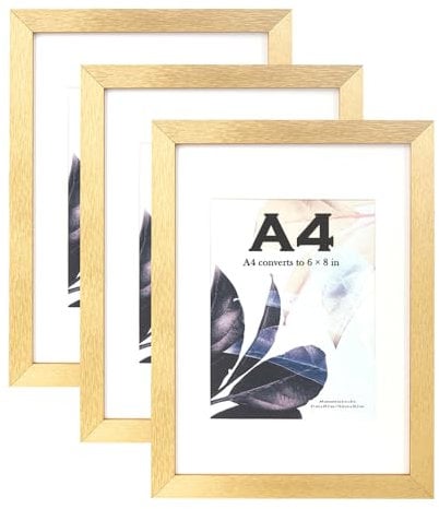 Goldener Holz-Bilderrahmen, A4, mit Passepartout, 3er-Set, A4-Rahmen, A4-Bilderrahmen, A4-Posterrahmen, A4-Urkundenrahmen, freistehend und zur Wandmontage