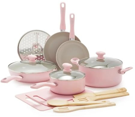 FEIGUO Juego de Utensilios de Cocina antiadherentes de cerámica, 15 Piezas, ollas y sartenes, Revestimiento Antiadherente de cerámica (Roze se Adapta a Todos)