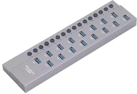 Bewinner 16 Ports USB 3.0 Hub, Hochgeschwindigkeitsübertragung USB-Daten-Hub aus Aluminiumlegierung mit Individuellen Netzschaltern, Kompatibel mit 7 8 10 11, für USB-Speichergeräte