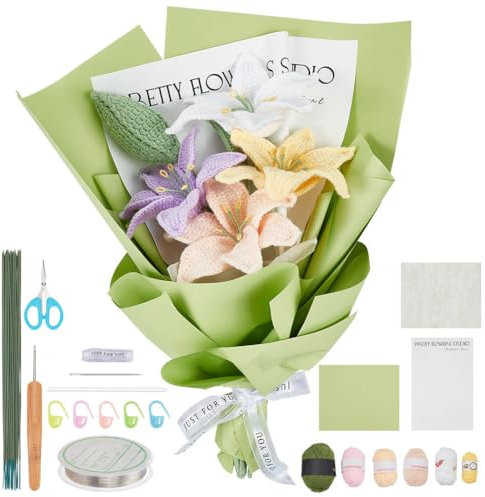INFUNLY 10 Stück Lilienblumen-Häkelsets Für Anfänger, Komplette Blumen-Häkelsets Für Erwachsene Und Kinder, Anfänger Mit Anleitung Und Video-Tutorials, Häkelset als Geschenk Zum Muttertag, Hochzeit, G
