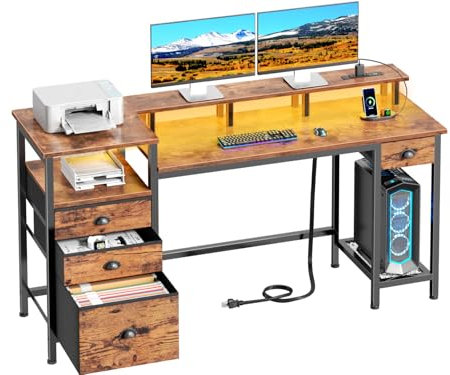 Furologee 60 Computer Desk with File Cabinet and Storage Shelves, Reversible Home Office Desk with LED Lights, Full Monitor Stand, Power Outlets, Study Gaming Table with 4 Drawers, Rustic Brown