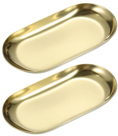 sourcing map 2pcs Stainless Steel Decorative Tray, 3.9 Oval Serving Tray Metal Decorative Plate for Perfume Jewelry Cosmetic Bathroom Organizer, Gold