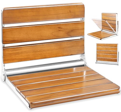[Upgraded Version] 20 Folding Teak Shower Seat Wall Mounted- Shower Bench for Inside Shower, ADA Compliant Teak Shower Seat Wall Mounted Bench Bathroom Stool, Folding Bathtub Shower Seat for Elderly