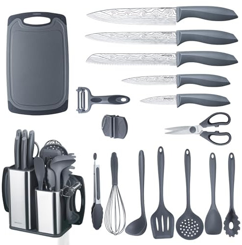 RAXCO Juego de cuchillos de cocina con bloque, 18 piezas de utensilios de cocina con 5 juegos de cuchillos y 7 espátulas de silicona