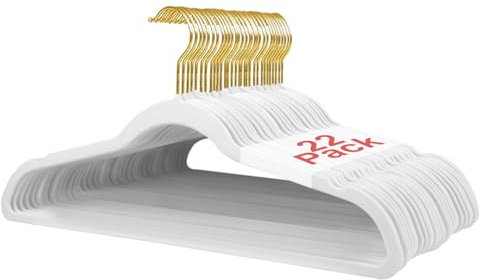 Wellong Kleiderbügel Samt, 45 cm rutschfeste Filz Bügel, Stabile Anzugbügel mit Schulterkerben, Platzsparende Kleiderbügel für Mäntel, Hosen, Silbe, 22 Stück – Weiß mit Goldene Haken