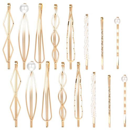 16 Stück Goldenes Haarnadel Set, Haarklammern Gold Perle Haarspange für Mädchen, Geometrische Metall Haarspangen, Gold Haarschmuck Künstliche Perle Haar Snap Clips (Gold)