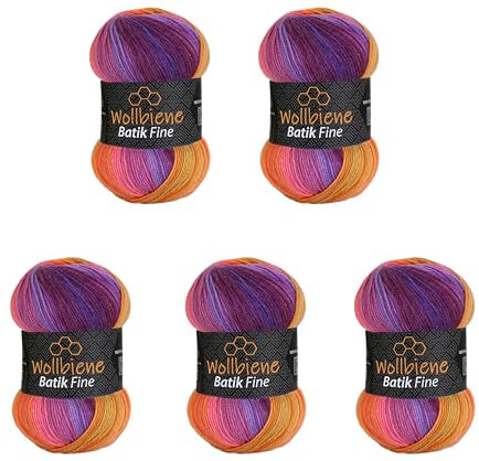 5 x 100g Wollbiene Batik Fine 500 Gramm Wolle mit Farbverlauf mehrfarbig Multicolor Strickwolle Häkelwolle (5600 lila beere orange)