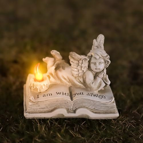 Tuzsocr Figura de ángel de la guarda, escultura de ángel pequeño con vela LED para tumba, estatua para cementerio, regalo conmemorativo, recuerdo de seres queridos