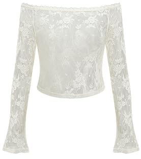 CIDER Off The Shoulder Tops for Women Sheer Long Sleeve Shirts Mesh Lace Boat Neck Trendy Crop Tops for Spring Summer, Cream, L