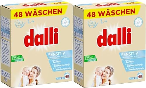 dalli® sensitiv Vollwaschmittel-Pulver I 96 Waschladungen I gute Hautverträglichkeit bei hervorragender Waschkraft | weiße Wäsche | 2 x 3,12 kg