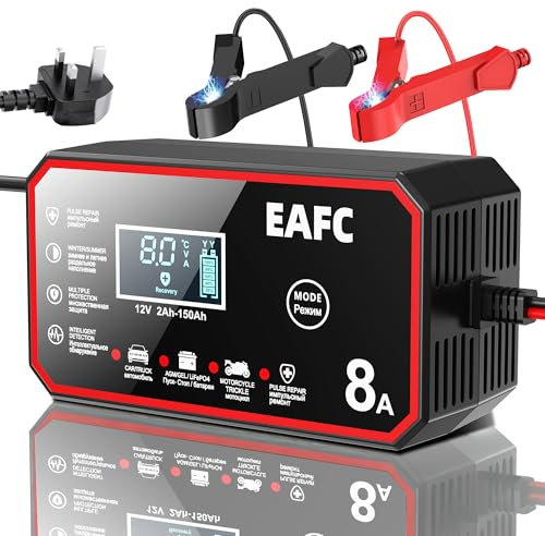 EAFC 12V 8A Smart Car Battery Charger Pulse Repair Fast Charge For Car Moto AGM GEL WET Lead Acid LiFePO4 Battery Charging With LCD Screen And Repair Mode