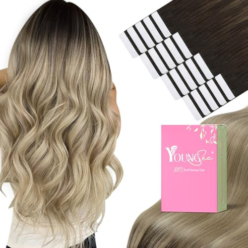 YoungSee Tape Extensions Echthaar Balayage Echthaar Extensions Tape Dunkelbraun Ombre Braun Blond Tape in Extensions Balayage 30g Invisible Tape Extensions Kleber 30cm fur Damen #4/14/60