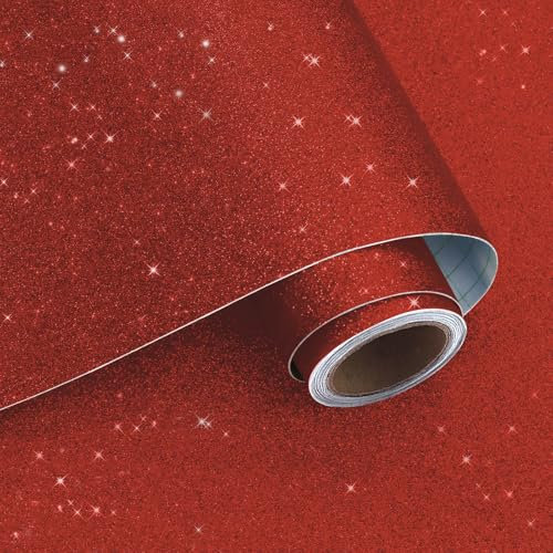 VaryPaper Red Glitter Peel and Stick Wallpaper 40cmx200cm Glitter Sticky Back Plastic Thick Lining Paper Red Sparkle Wallpaper for Bedroom Hallway Cupboard Vinyl Wrap for Furniture Gift Wrapping