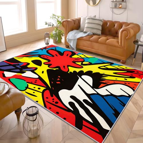 Graffiti Teppich Junge - Teppich Wohnzimmer Schlafzimmer Jugendzimmer Graffiti, Kleiner Teppich Graffiti Kinderzimmer, Weich Kurzflor & Waschbar & rutschfest Fussmatte Innen, Kinderteppich 60x90 cm