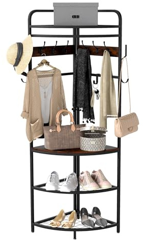 Suuiwau 3 in 1 Ecke Garderobenständer 180cm, Metall-Eckgarderobe 4 Ebenen mit garderobenhaken, Flurgarderobe mit 12 Haken, Gaderobe für Flur Wohnzimmer Schlafzimmer Büro Flur Eingang (Schwarzbraun)