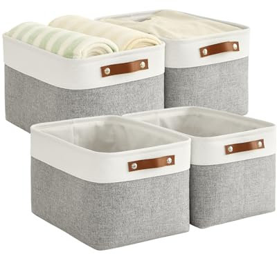 Bagnizer Foldable Storage Baskets for Shelves Closet 4PCS Fabric Large Organizer Box Bins with Handles Waterproof Canvas Box for Clothes, Pet Toys, Office Products, Bedroom 38x28x24CM Grey & White