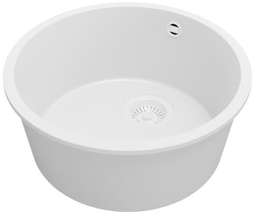 PRIMAGRAN Lavello Rotondo Tutto Bianco 46x46cm, Lavandino in Granito a 1 vasca + Sifone Classico, Lavabo da Cucina Incasso al mobile 50cm - La Valletta Slim S008