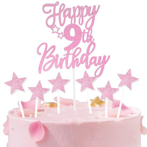 Pink Happy 9th Birthday Cake Toppers for Cake,Personalised Cake Toppers for Girl Women Decorations,Glitter Cupcake Topper Cake Topper Kit 9th Birthday Party Cake Decoration Supplies