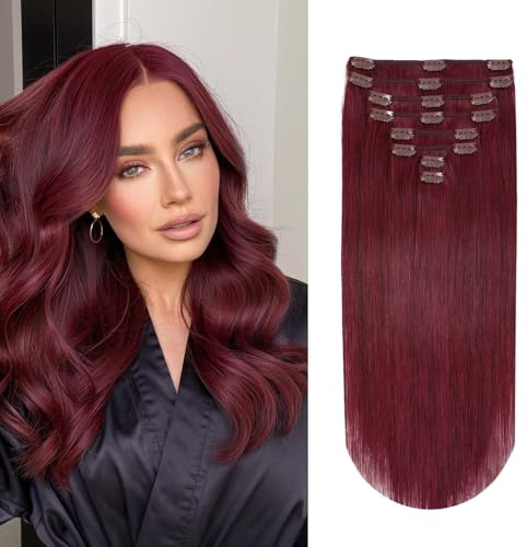 YILITE Clip in Extensions Real Human Hair 14 Inch #99J Burgundy Human Hair | Wine Red Clip in Hair Extension,Lightweight Invisible Clips,Easy Apply,Natural Shine,Full Ends,Adding Length And Volume 110g