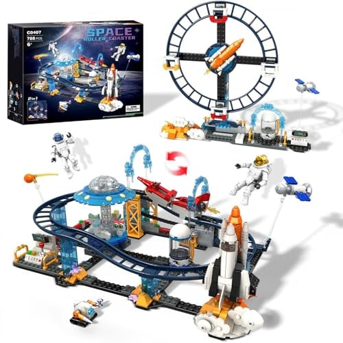 2 in 1 Jeu de construction, STEM Jouet avec fusées ovnis satellites capsules spatiales, montagnes russes Parc de la ville Blocs de construction, 764 pièces, Cadeau pour garçons enfants Filles 6+