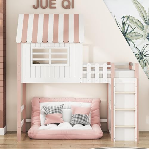 Etagenbett 90x200, Kinderbett Hochbett mit Leiter und Aufbewahrungsschrank, Massivholz Hausbett Bettgestell mit Rausfallschutz&Lattenrost, Stockbett Kinderhochbett Jugendhochbett, Ohne Matratze, Rosa