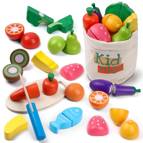Kidmigo Spielküche Zubehör Holz – 13-teiliges Kinderküche Zubehör Set aus Holz, Lernspielzeug mit Schneideobst & Gemüse, Küchenzubehör Kinder Montessori Holzspielzeug
