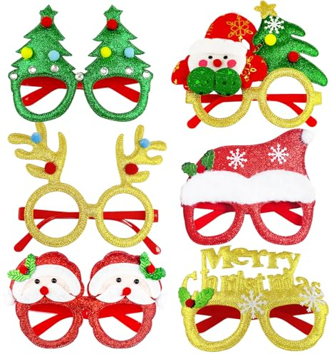 6 Stück Weihnachtsbrille Brille Rahmen lustig Weihnachts Papier Brille Neuheit Weihnachten Foto Requisiten Brillenrahmen Weihnachtsgläser Brille für Weihnachsparty Kostüm Dekoration Kinder Erwachse
