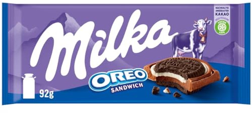 Milka Oreo Sandwich – Alpenmilch-Schokolade gefüllt mit knusprigen Oreo-Keks-Stückchen und feiner Vanillecrème – 92g (Packung mit 9)